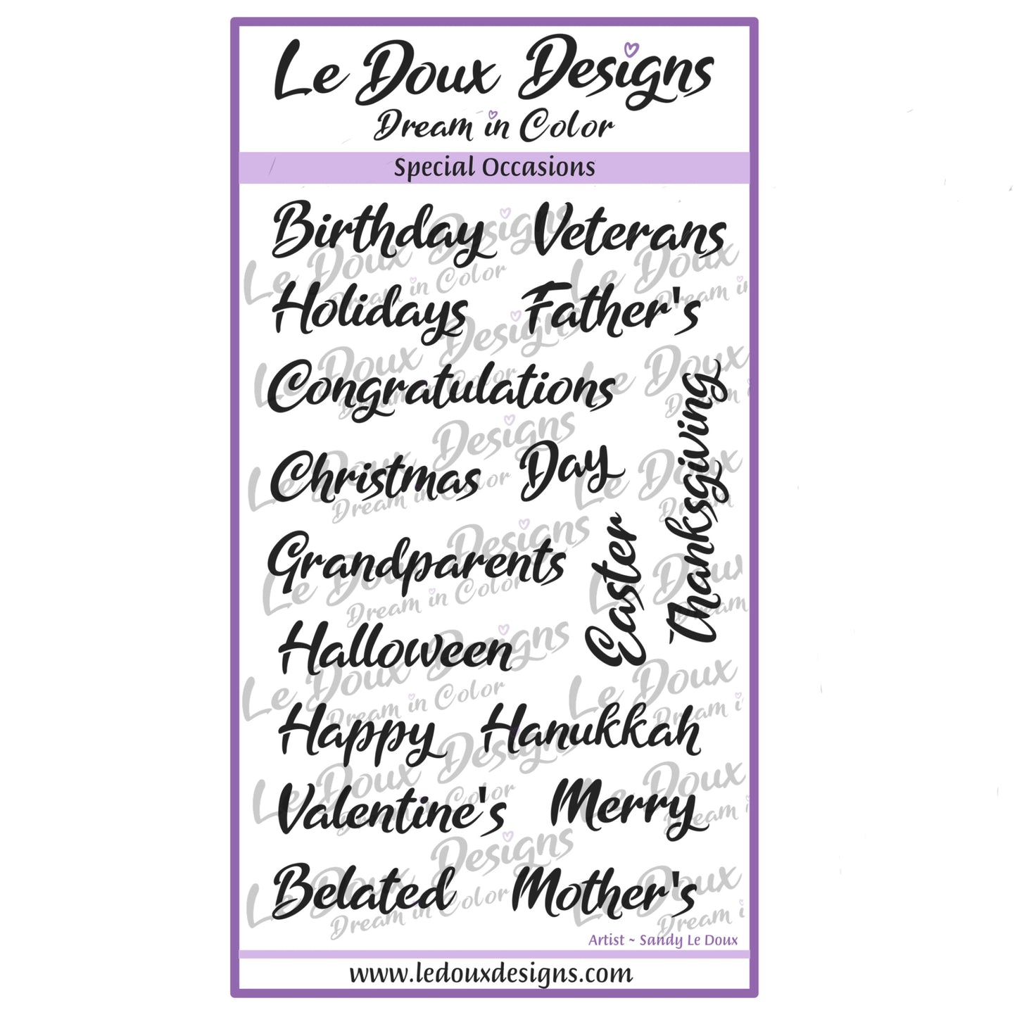 Clear stamp set with various holiday and occasion text by Le Doux Designs on a white background.