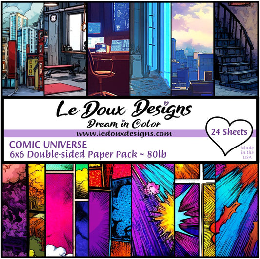Le Doux Designs comic universe paper pack with colorful illustrations and text.