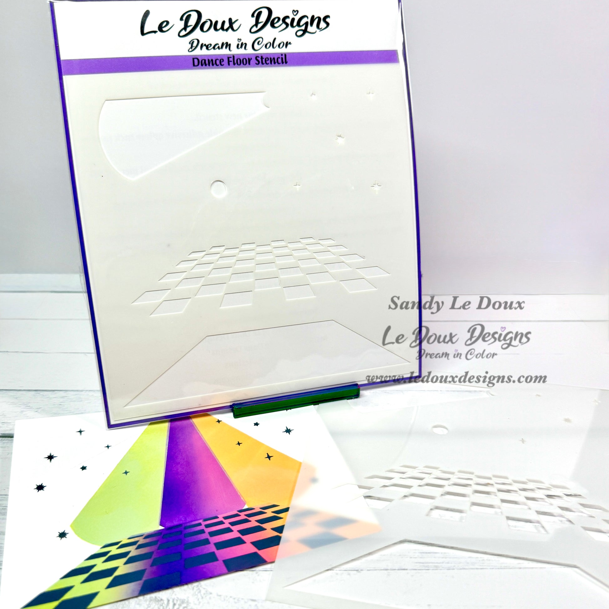 Le Doux Designs dance floor stencil with color swatch on a white background