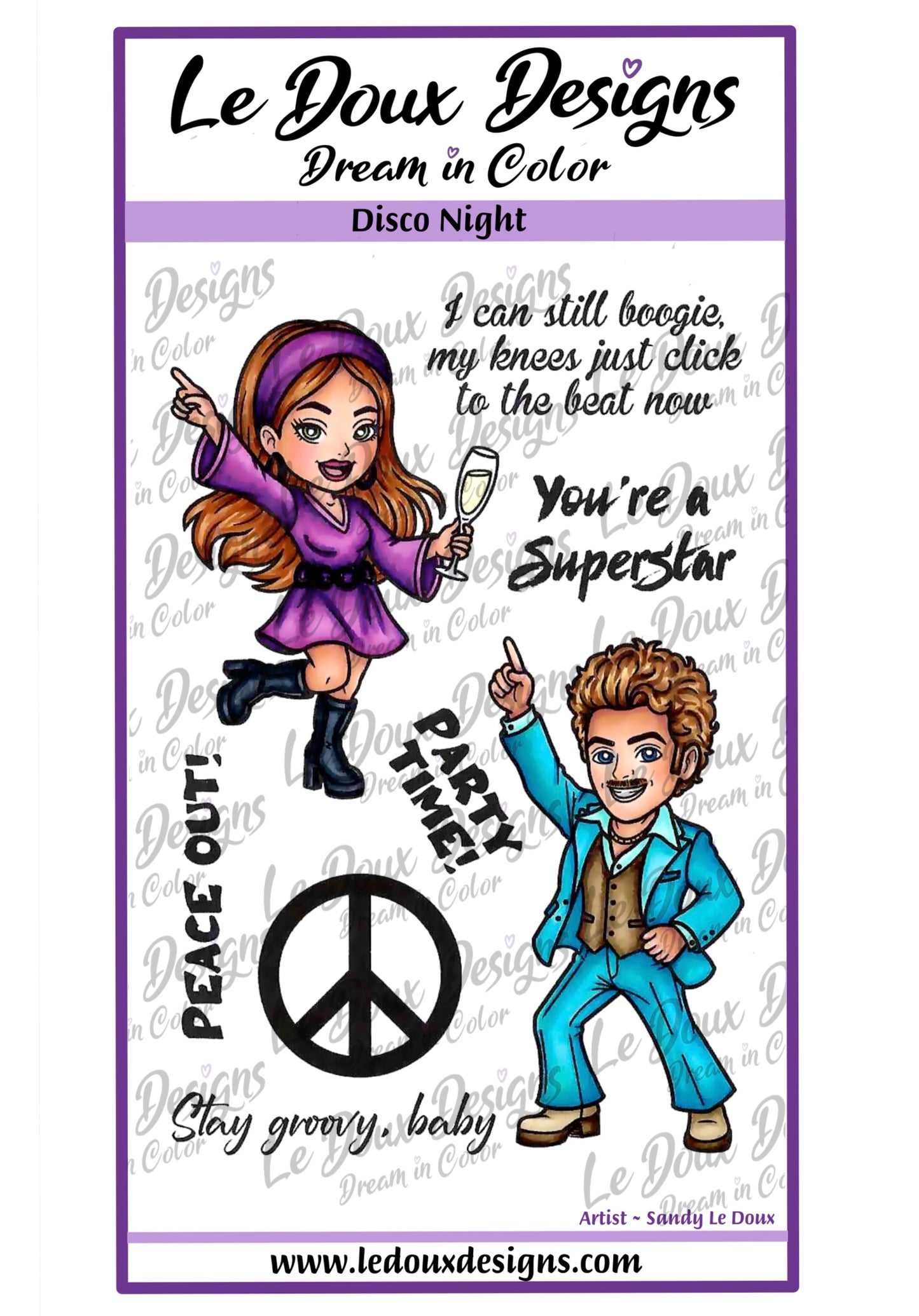 Stamps with cartoon characters and disco-themed text on a white background