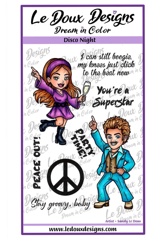Stamps with cartoon characters and disco-themed text on a white background