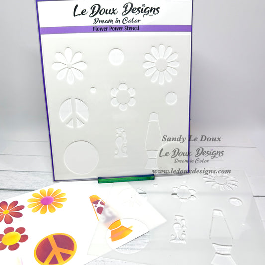 Le Doux Designs flower power stencil with colorful samples on a white background