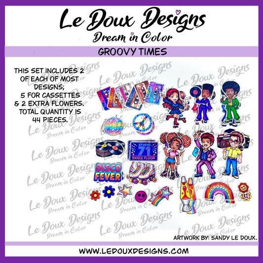 Collection of colorful ephemera with Groovy Times theme by Le Doux Designs on a white background.