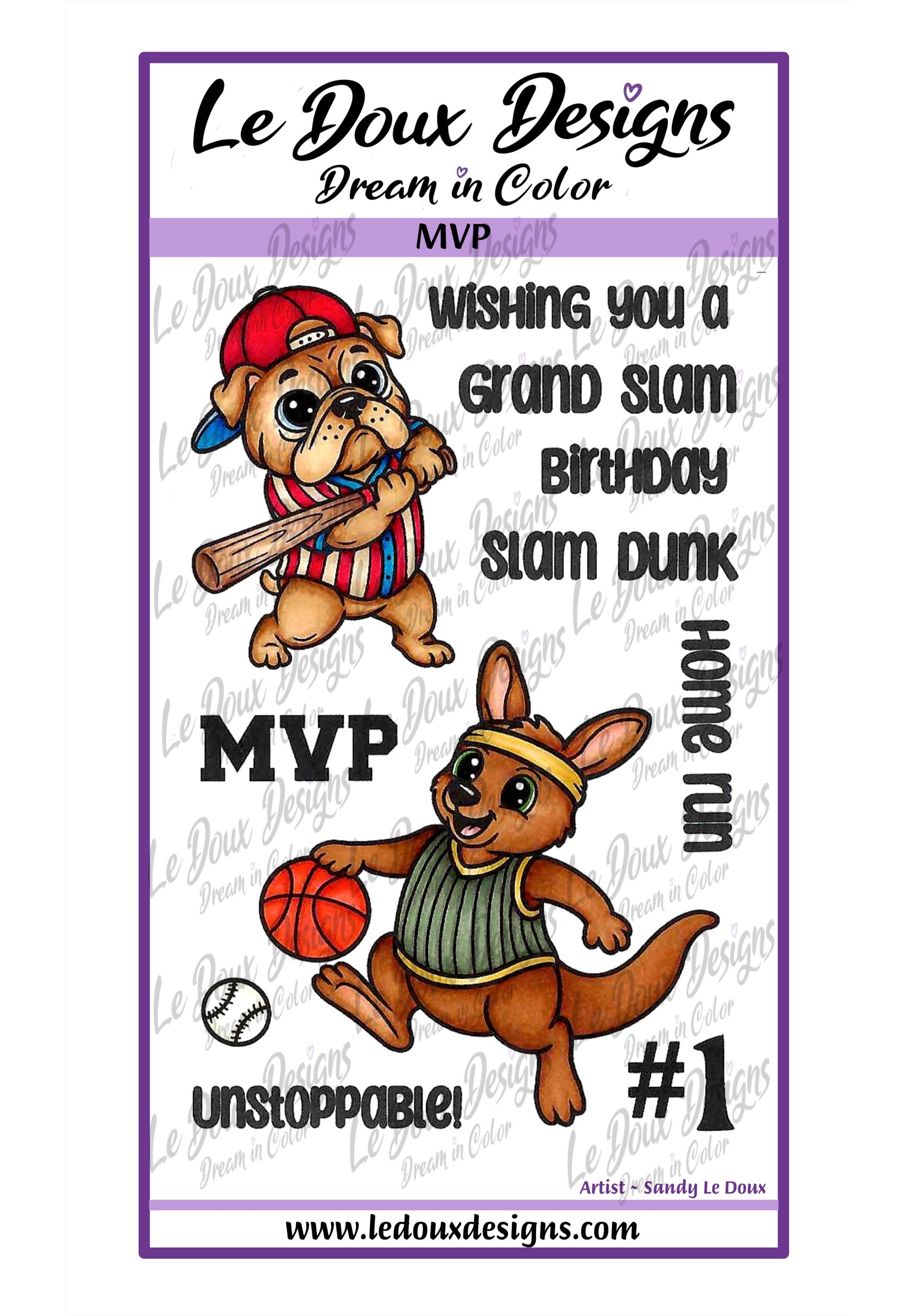 A product card for Le Doux Designs 'Dream in Color' MVP stamp set, featuring two cartoon animals—one baseball player and one basketball player—with motivational sports text like 'Wishing you a grand slam', 'MVP', and 'home run'.