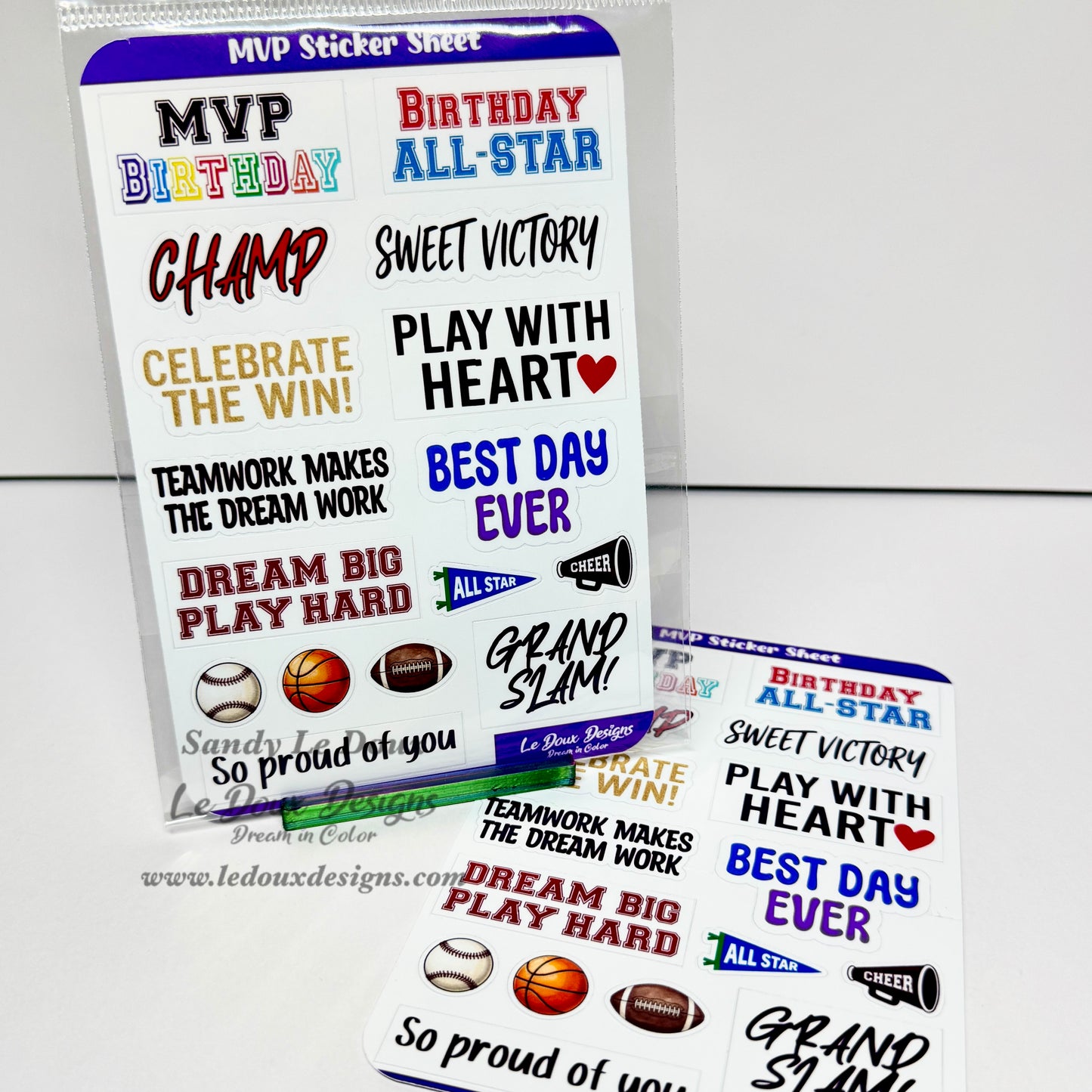 A product card for Le Doux Designs 'Dream in Color' MVP sticker sheet, featuring sports themed sentiment stickers