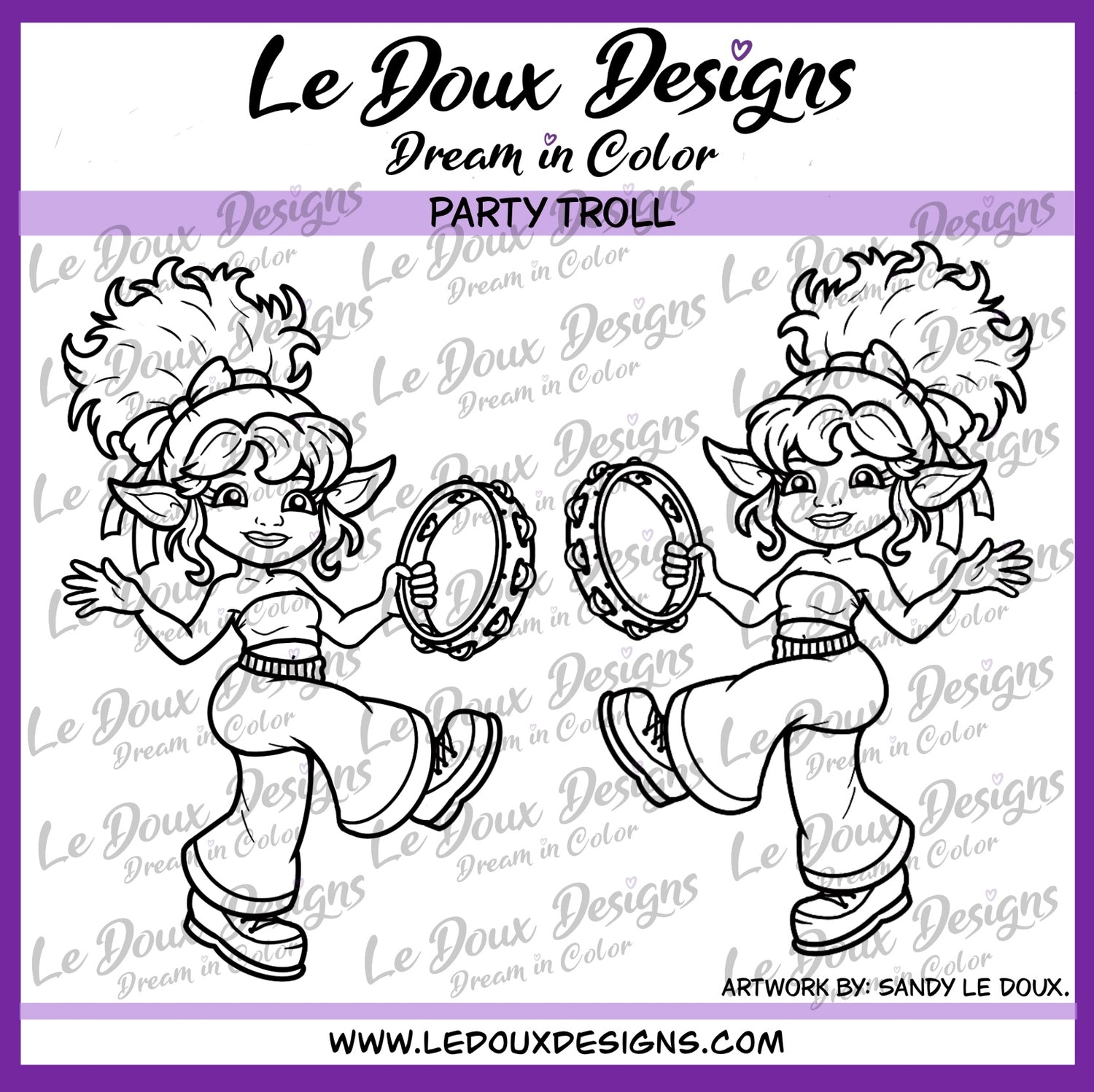 Dancing troll character with tambourines on a purple background with 'Le Doux Designs' branding.