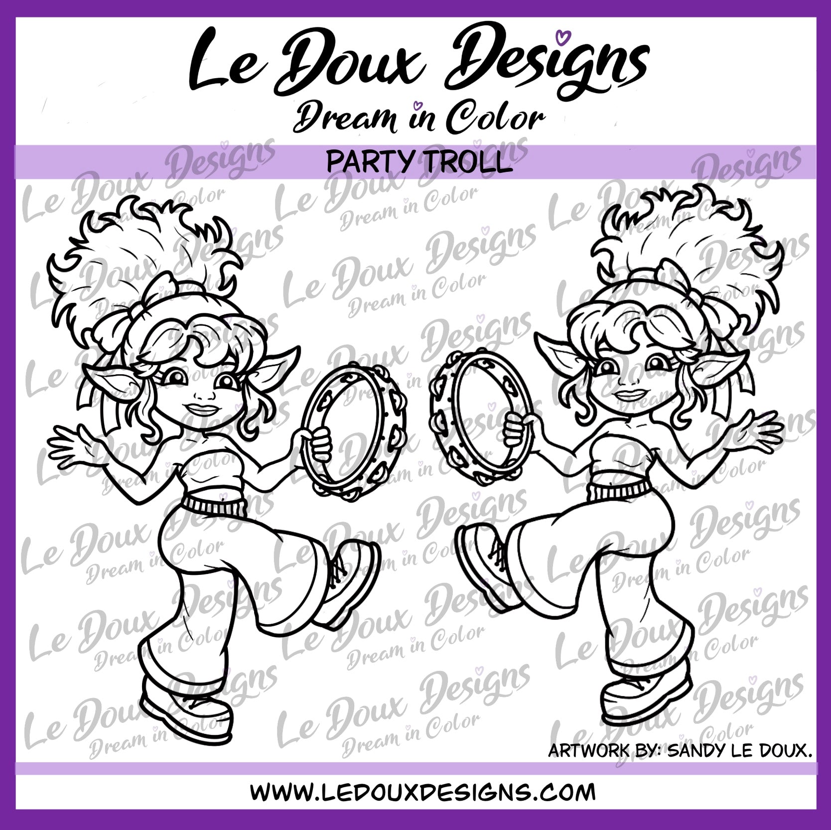 Dancing troll character with tambourines on a purple background with 'Le Doux Designs' branding.