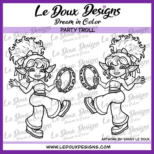 Dancing troll character with tambourines on a purple background with 'Le Doux Designs' branding.