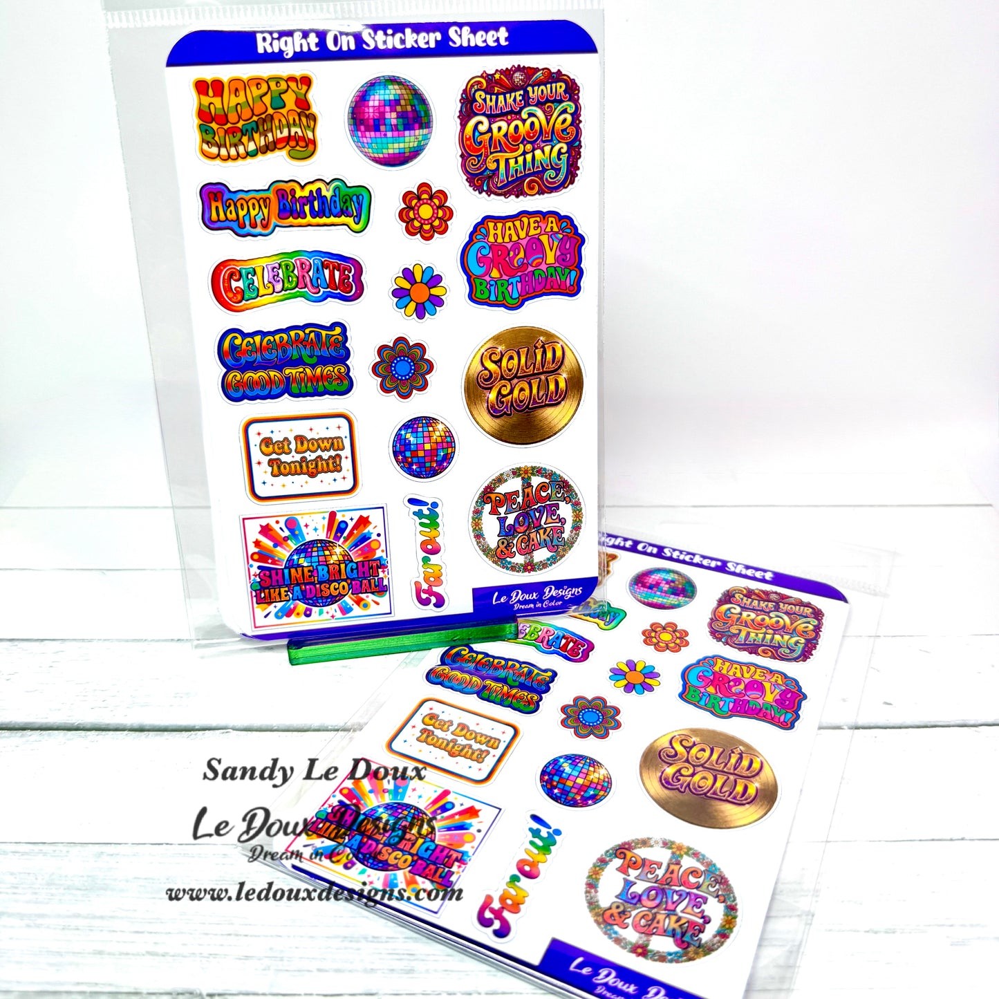 Sticker sheet with colorful designs and text on a white background