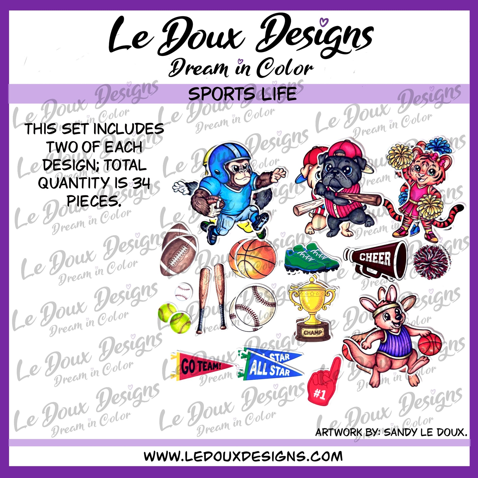 A collage-style product preview sheet for a sports-themed clipart/design set by Le Doux Designs, showing multiple cartoon sports animals and objects such as a blue football helmet, basketball, baseball, trophy, cheerleader hat, and banners. 