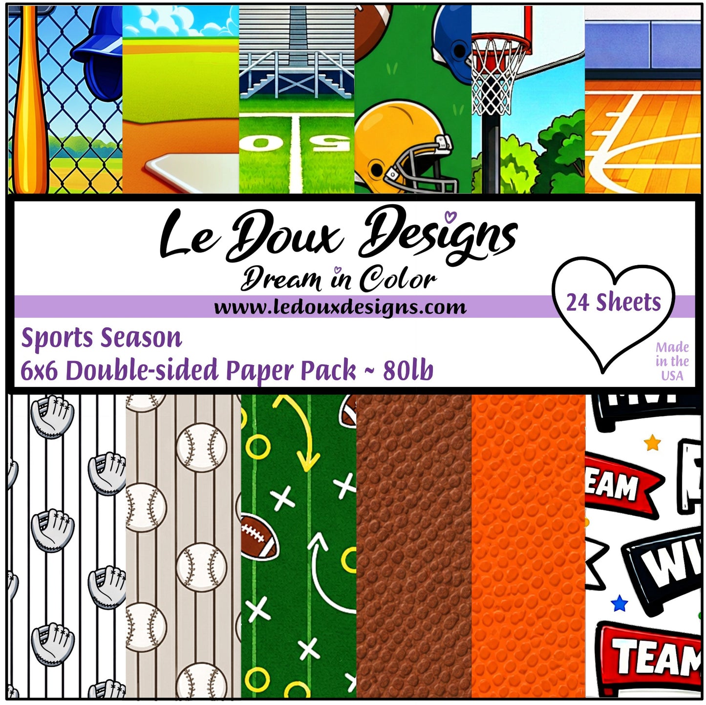 A promotional preview graphic for a sports-themed double-sided paper pack by Le Doux Designs. The design shows a collage of sports scenes across the top, large black title text reading 'Le Doux Designs' with the website below, a purple banner noting '24 Sheets' and '6x6 Double-sided Paper Pack ~ 80lb', and six sample paper patterns along the bottom including baseball, football, track field, textured brown, orange, and team graphics.