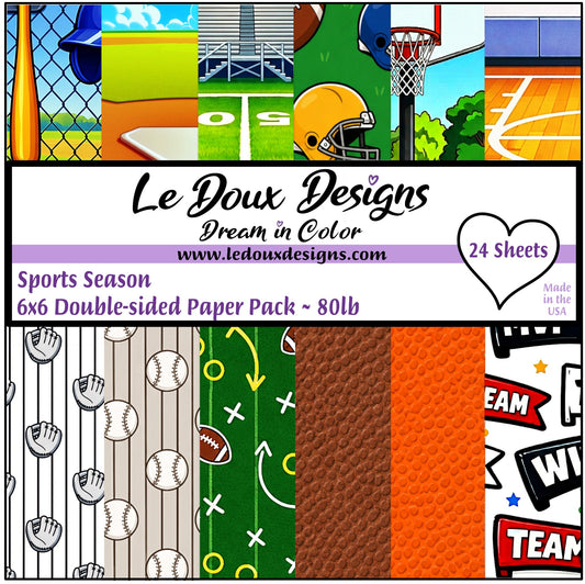 A promotional preview graphic for a sports-themed double-sided paper pack by Le Doux Designs. The design shows a collage of sports scenes across the top, large black title text reading 'Le Doux Designs' with the website below, a purple banner noting '24 Sheets' and '6x6 Double-sided Paper Pack ~ 80lb', and six sample paper patterns along the bottom including baseball, football, track field, textured brown, orange, and team graphics.