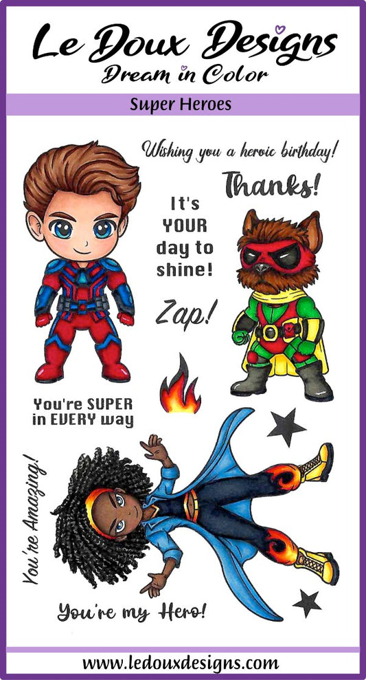 Cartoon superhero characters with text on a purple background, featuring 'Le Doux Designs' branding.