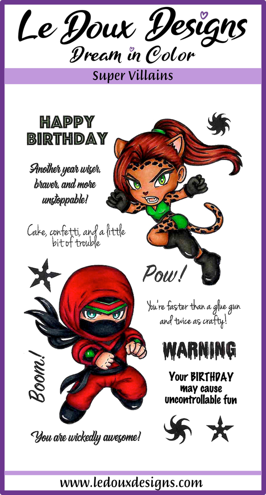 Cartoon characters in superhero costumes with text on a purple background, featuring Le Doux Designs branding.