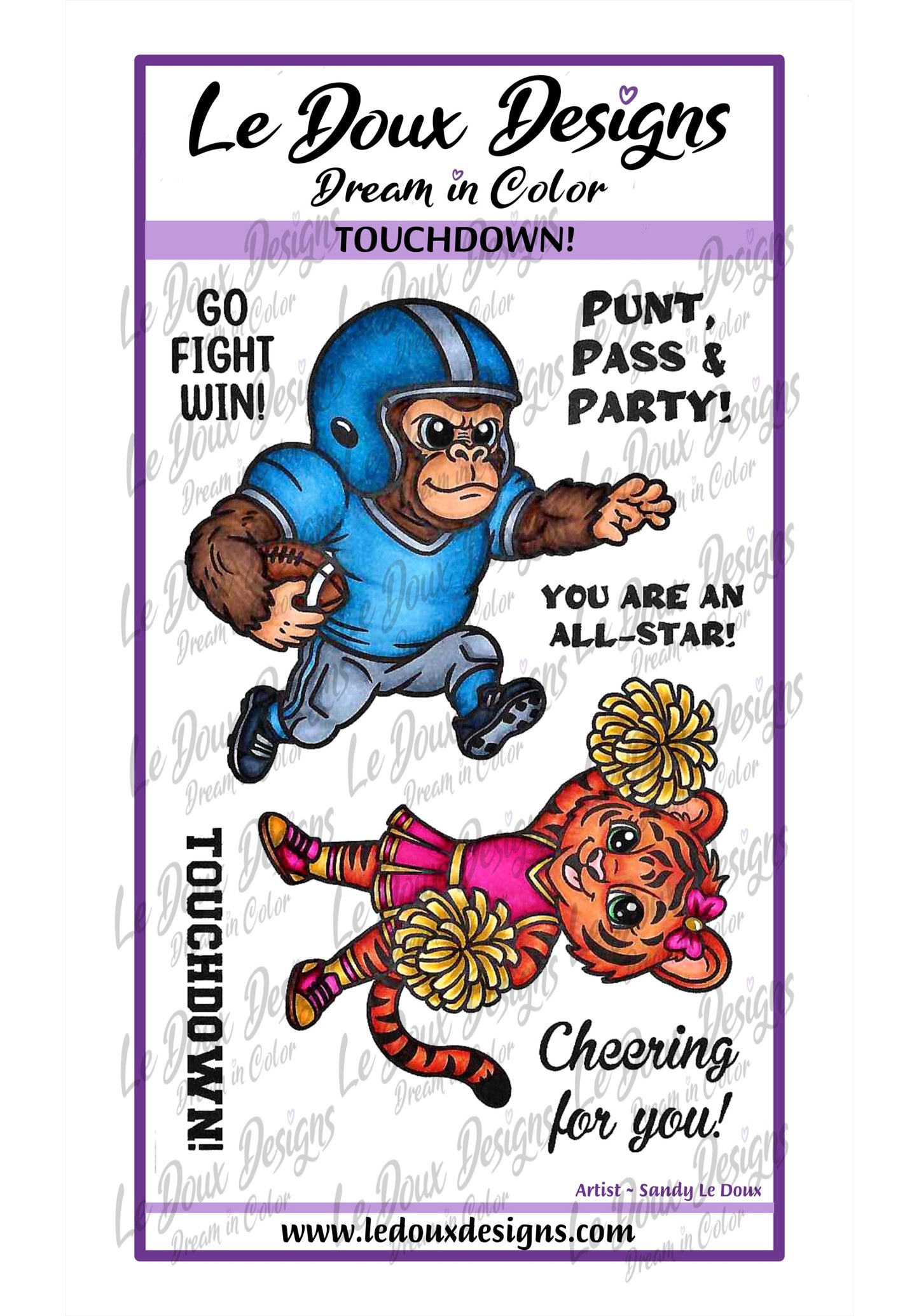 A product card for Le Doux Designs 'Dream in Color' Touchdown stamp set, featuring two cartoon animals—one football player and one cheerleader—with motivational sports text like 'Touchdown!', 'GO FIGHT WIN!', and 'PUNT PASS & PARTY!'.