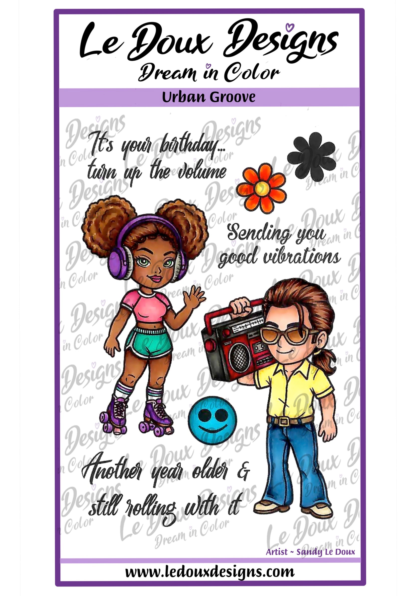 Two people with a boombox and text about birthday wishes, from Le Doux Designs.