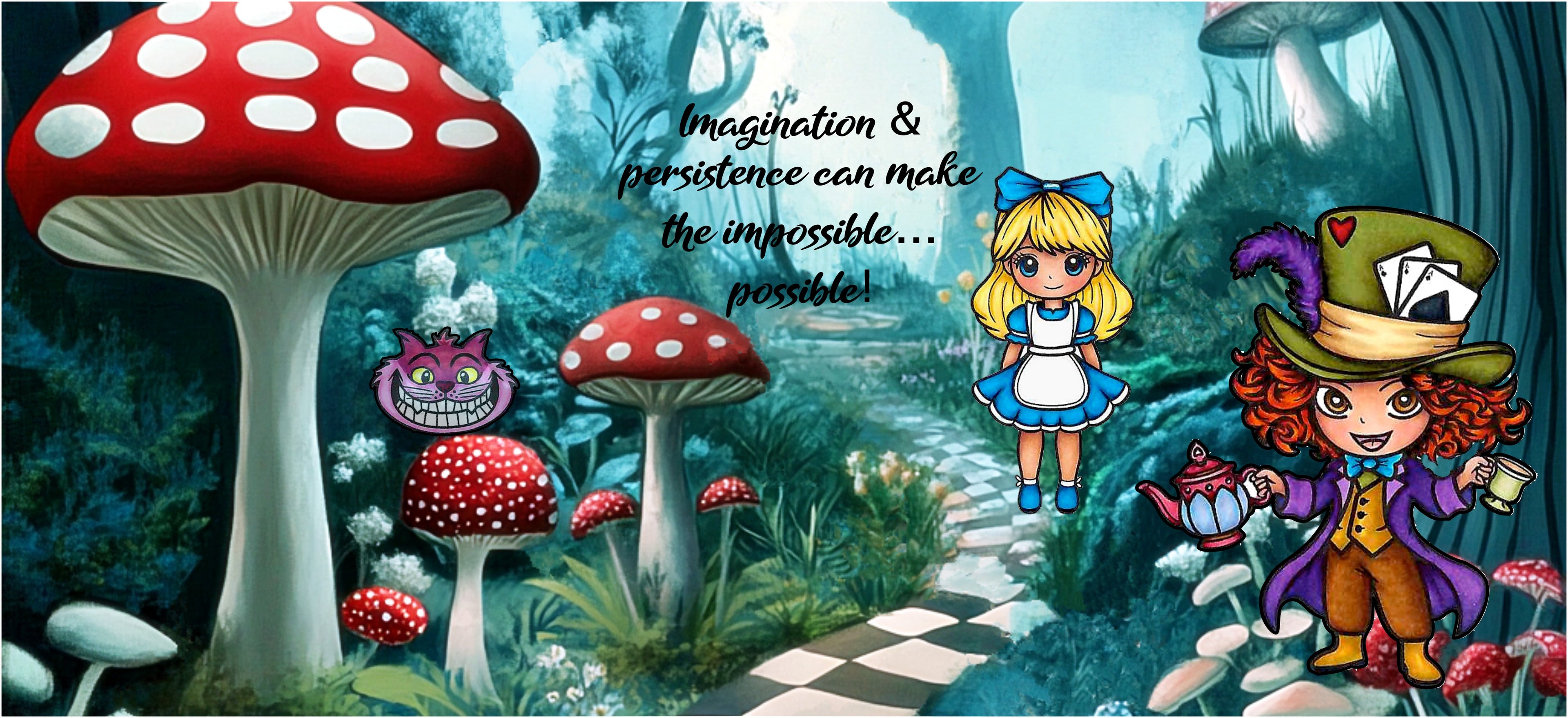 Wonderland-themed scene with characters and mushrooms in a fantasy landscape.