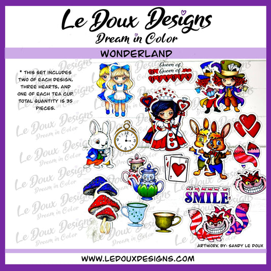 Collection of colorful Ephemera illustrations by Le Doux Designs in the Wonderland theme